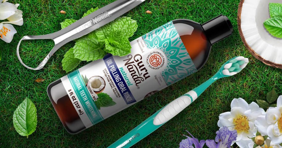 oil pulling kit with toothbrush and tongue scraper