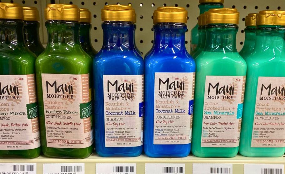 maui moisture shampoos and conditioners on store shelf