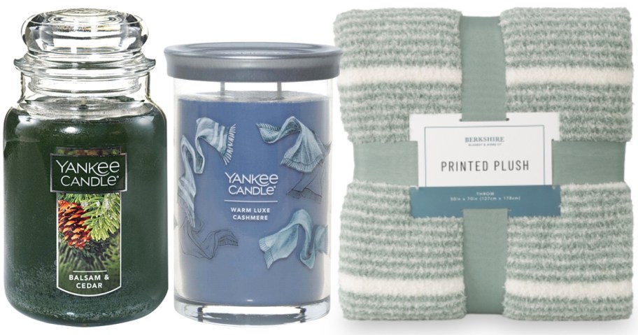 Yankee Jar Candles and a green stripe plush throw blanket