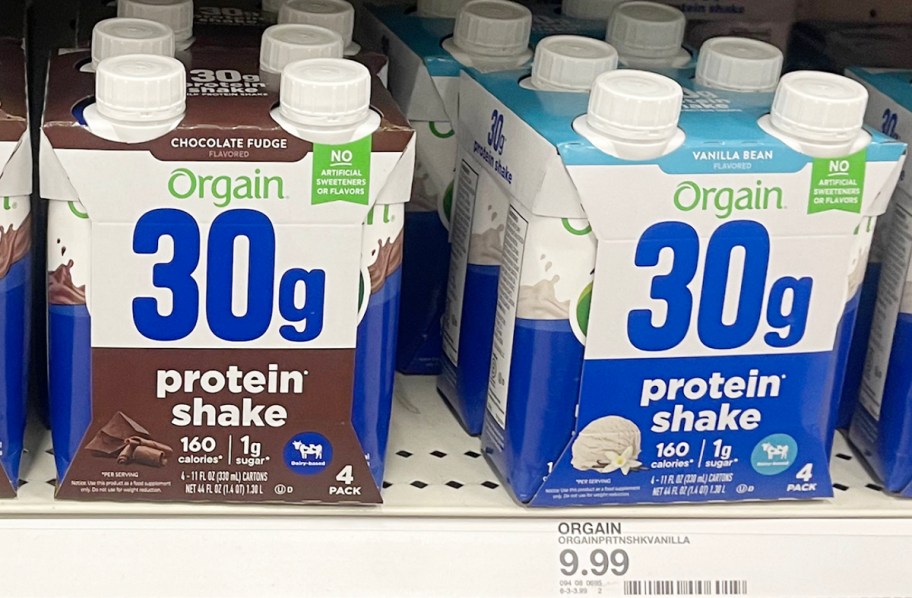 two orgain protein shake bottle packs on shelf in target store 