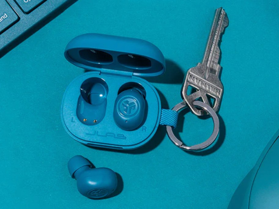 teal mini earbuds with key