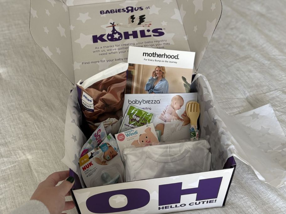a Kohl's Baby Registry Box with the top opened with baby products and samples inside