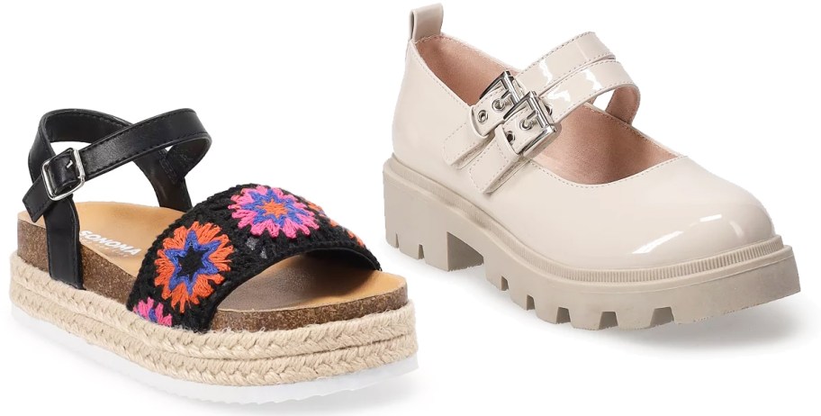 black sandal and patent mary jane shoe