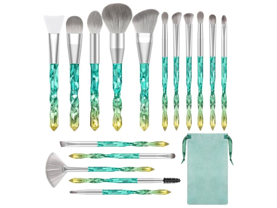 A 17-Piece makeup brush set in green