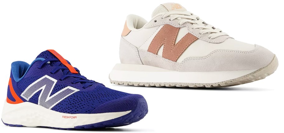 blue and grey/tan new balance sneakers