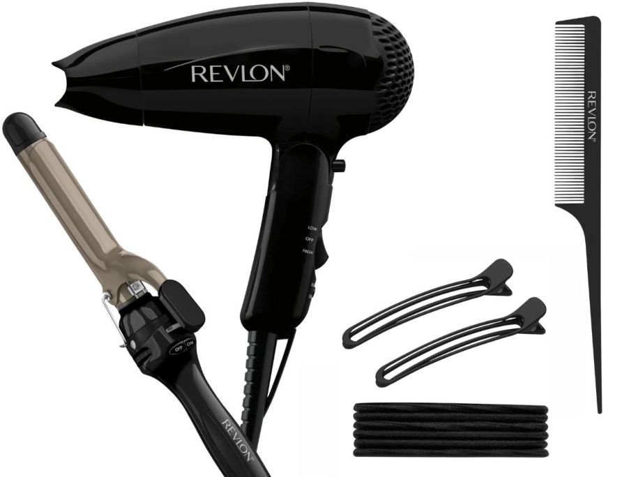 Revlon Style and Go Travel Hair Styling Set with curling iron, dryer, comb, clips and hair ties