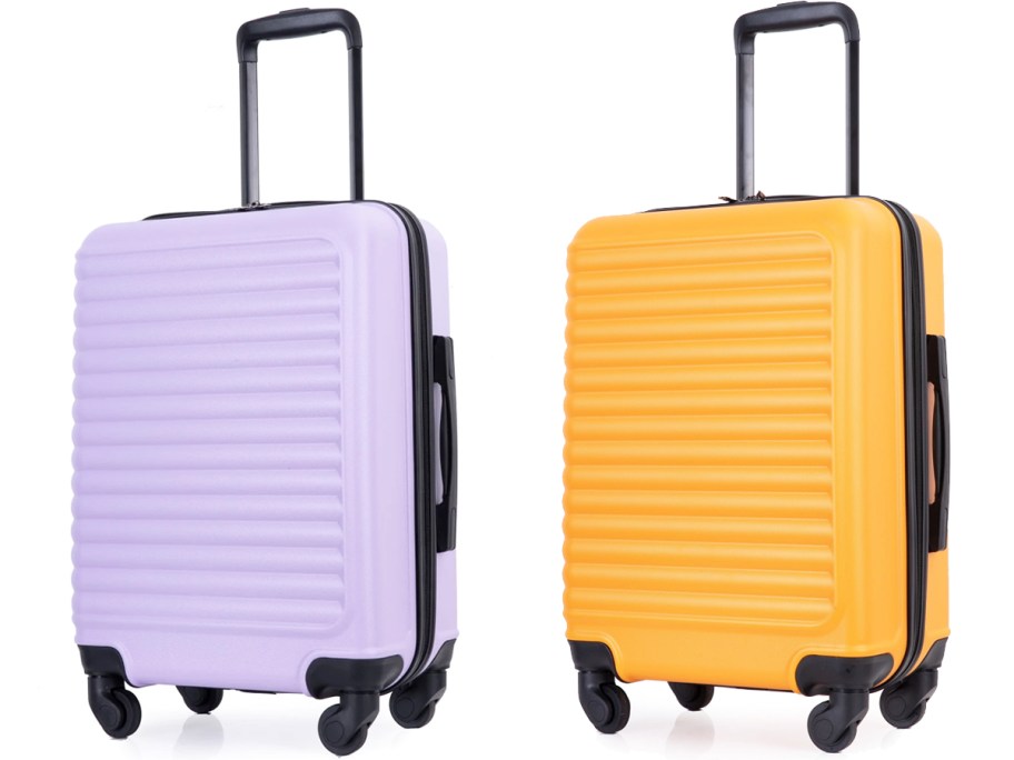 purple and orange spinner suitcases