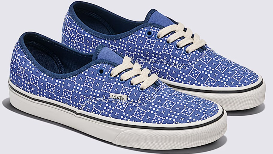 pair of blue and white checkered sneakers