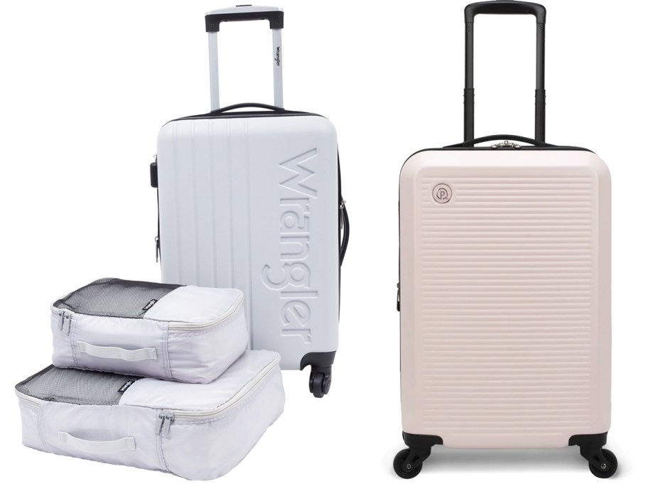 carry-on suitcase with packing cubes and light pink suitcase
