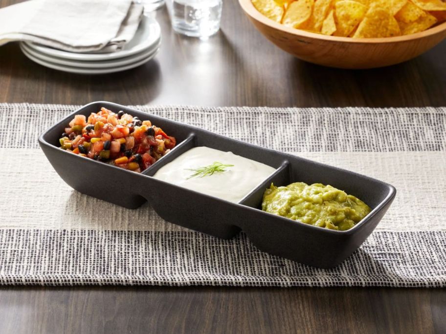 Better Homes & Gardens Stoneware Condiment Dip dish on table filled with dips