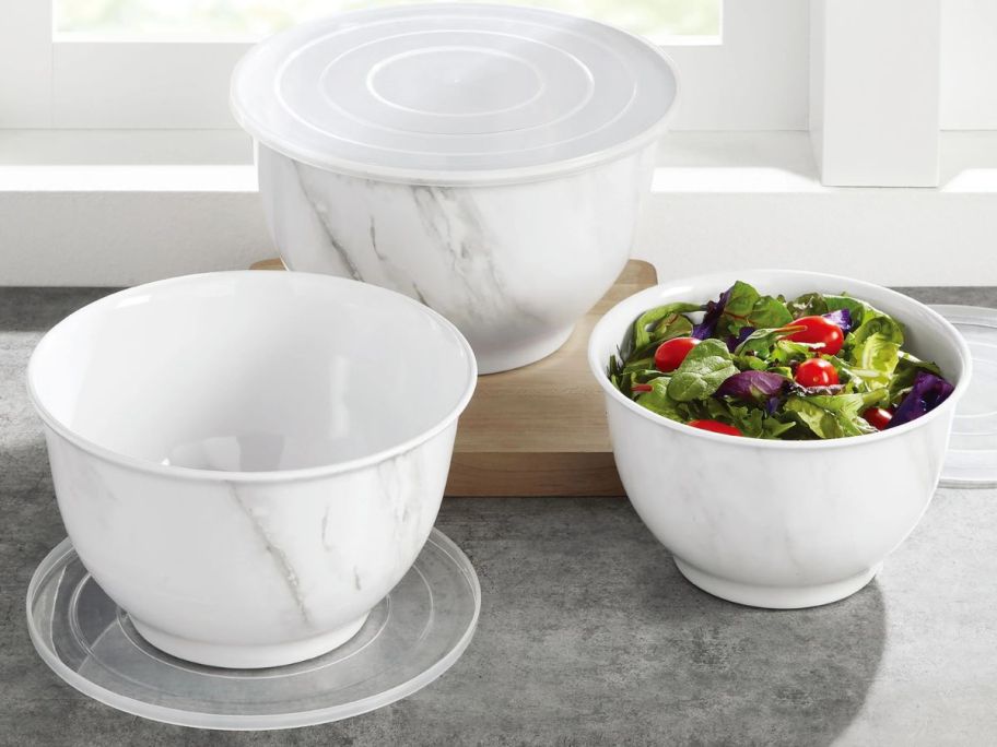 Better Homes & Gardens 6-Piece Melamine Serving Bowl Set on table 