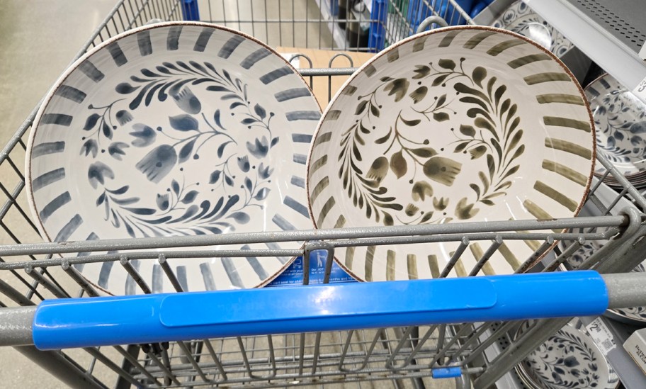 blue and green serving bowls in shopping cart 