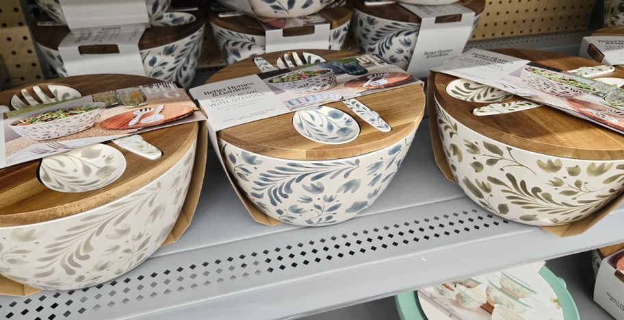 three salad serving bowl sets on shelf 