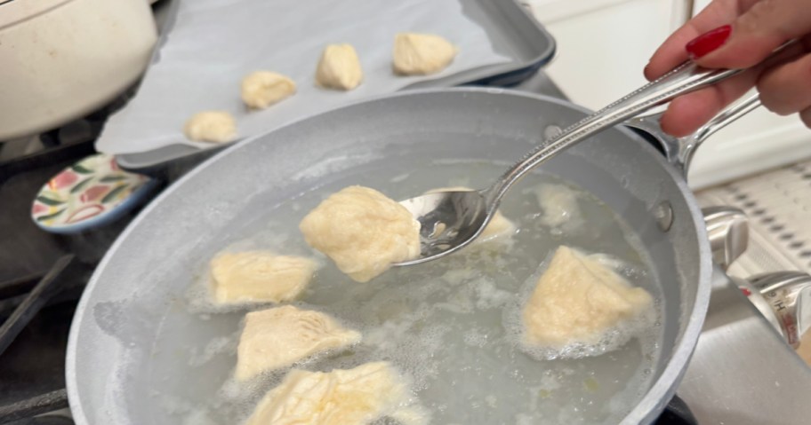 boiling pieces of biscuit dough