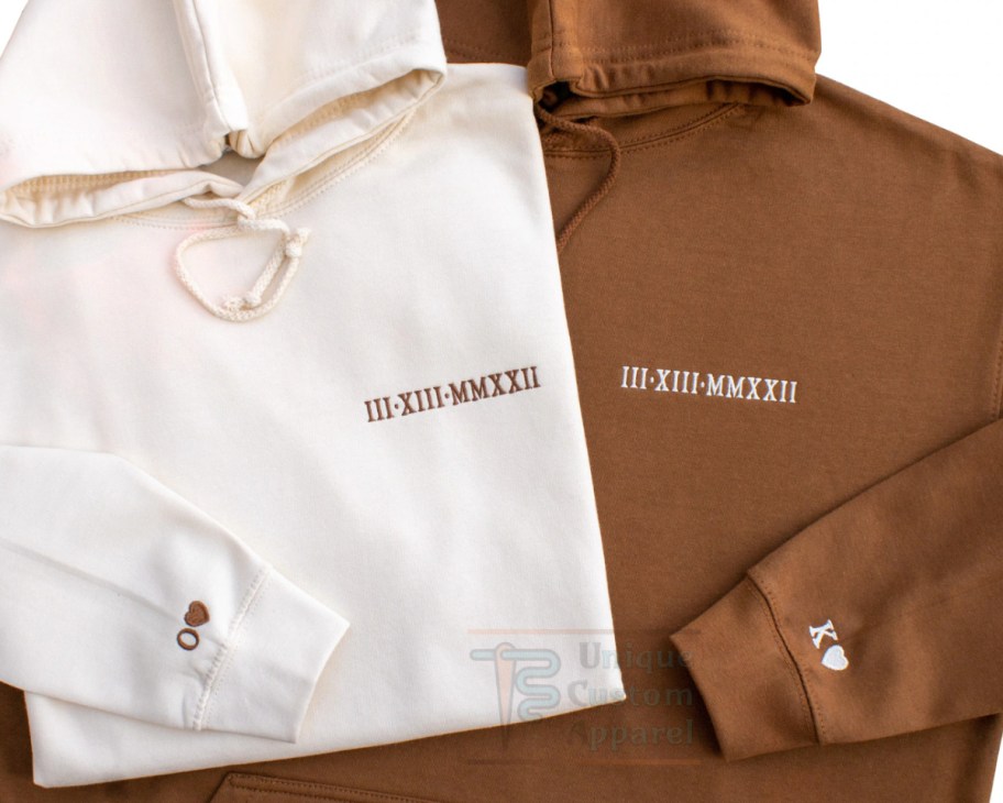 cream and brown matching anniversary hoodies