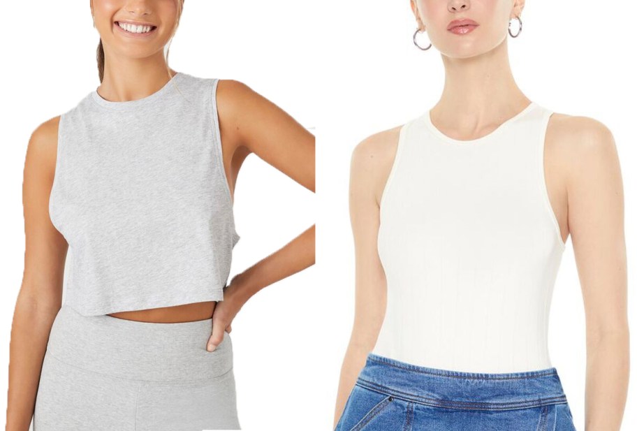 two women wearing gray and white tops 