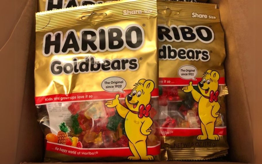 two 5oz bags of gummi bears in a cardboard box