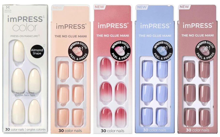 five sets of no glue press on nails in various colors