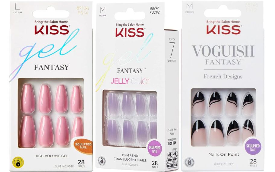 three sets of long glue on fake nails in assorted colors