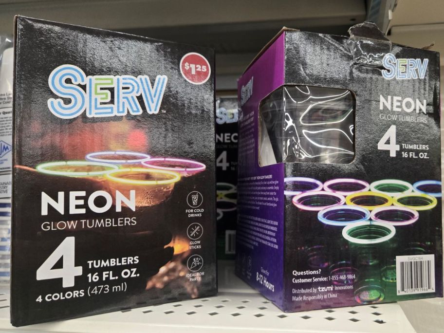 two Serv Neon Glow Tumbler 4-Pack boxes on shelf in store