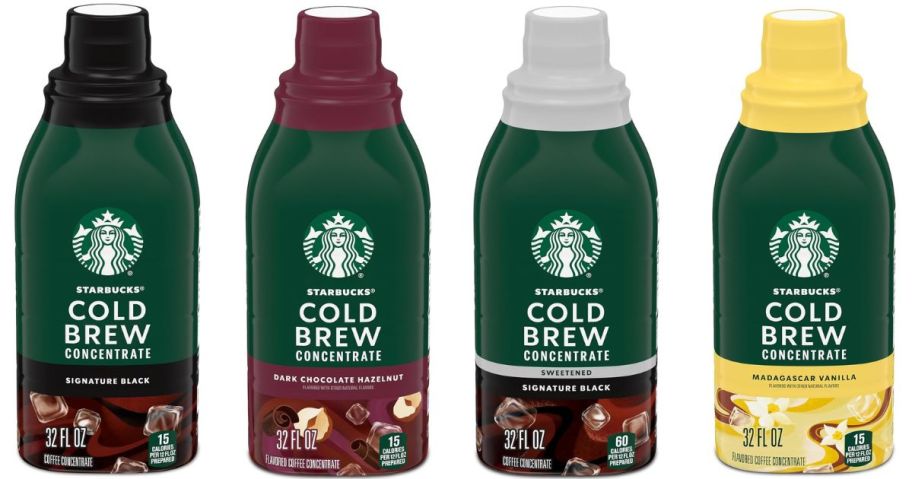 four Starbucks Cold Brew bottle stock images