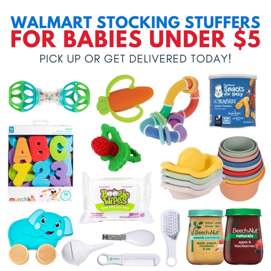 collage graphic of walmart stocking stuffers for babies under $5