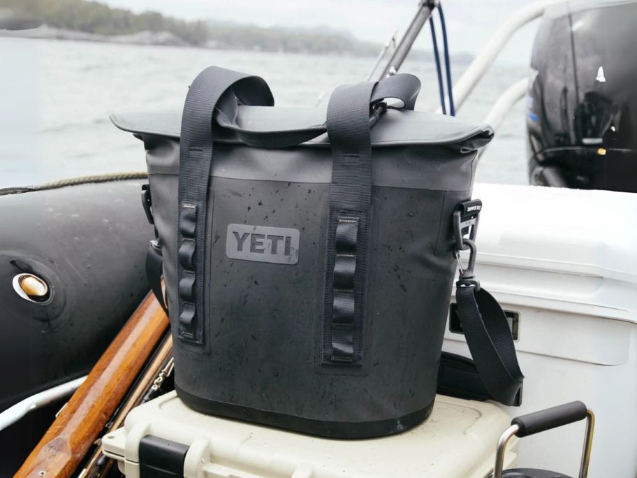 grey YETI Hopper M15 Soft Cooler on cooler on boat