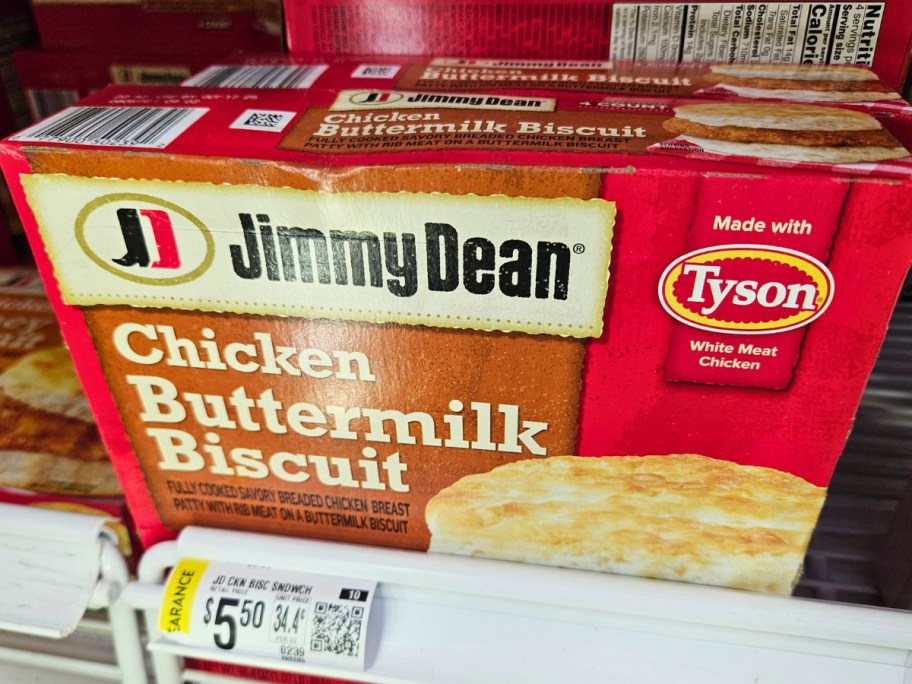 boxes of Jimmy Dean Buttermilk Chicken Biscuit Breakfast Sandwiches on Walmart fridge shelf