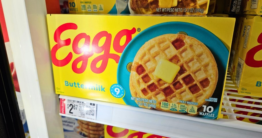 boxes of Eggo Waffles on a Walmart fridge shelf