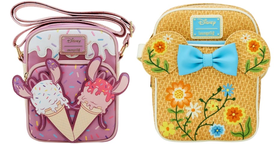 a Disney Lilo & Stitch ice cream cone crossbody bag and a woven Minnie Mouse ears with flowers crossbody bag