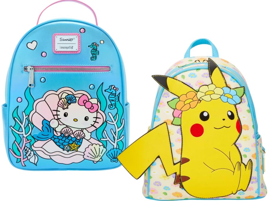 a Hello Kitty mini backpack and a Pikachu mini backpack