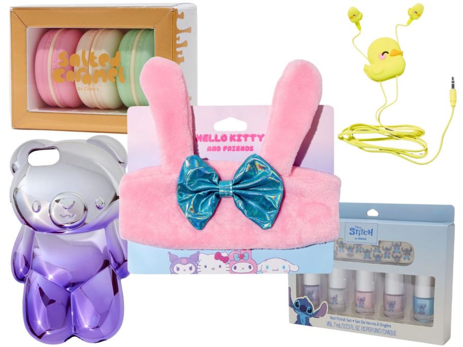 5 cute items from Claire's like lip gloss, a bear phone holder, and nail polish