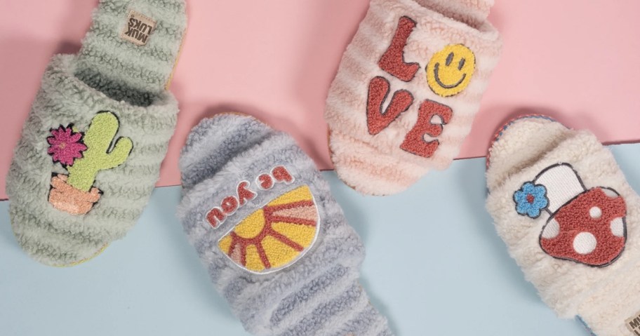 women's striped slippers with icons and phrases