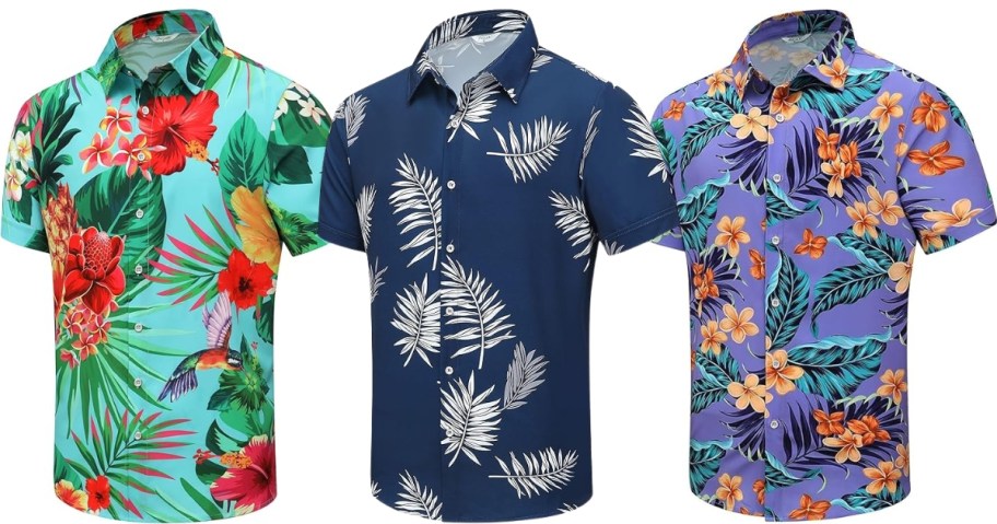 3 men's button up Hawaiian style shirts