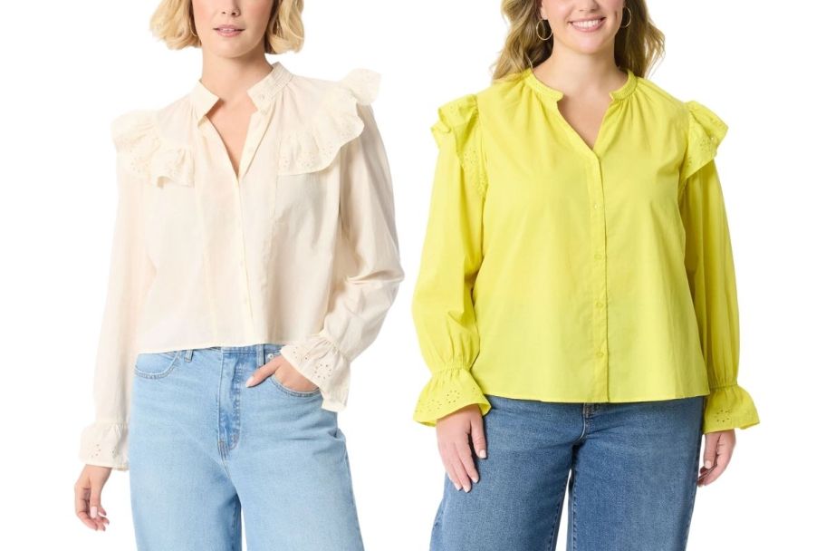 two models wearing long sleeve ruffle shoulder shirts
