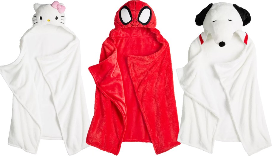 hello kitty, spider-man, and snoopy hooded blankets