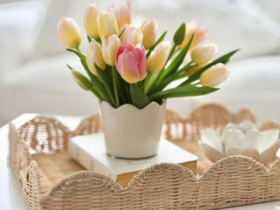 mainstays scallop planter with tulips on book