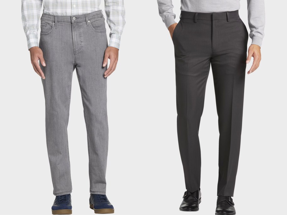 men in grey jeans and black dress pants