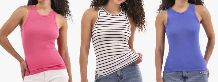 three women in pink, white/black stripes, and blue tank tops