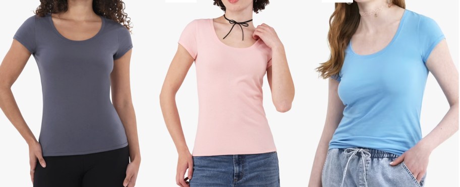 three women in grey, light pink, and blue tshirts