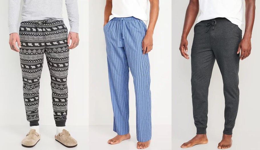 three men in pajama pants