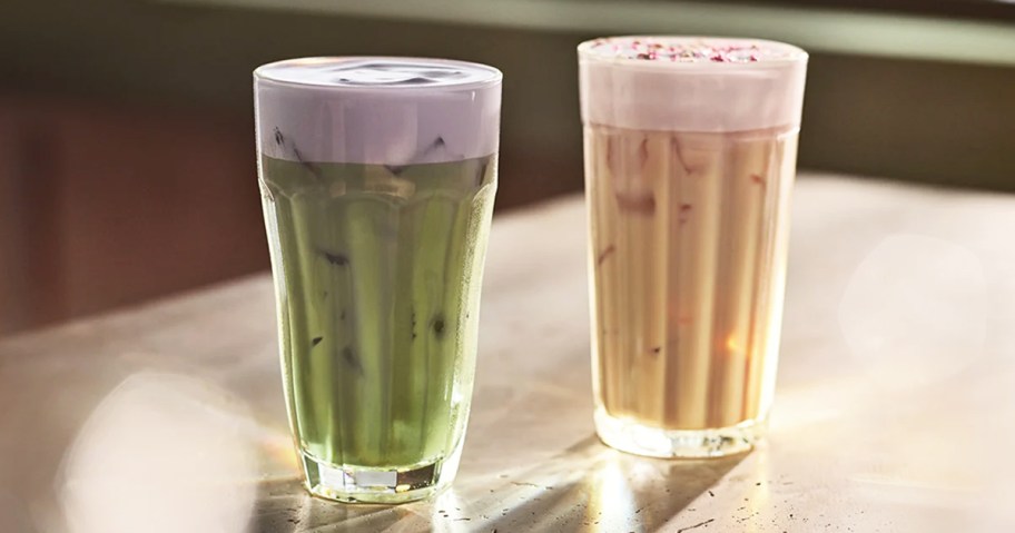 two starbucks drinks topped with cold foam