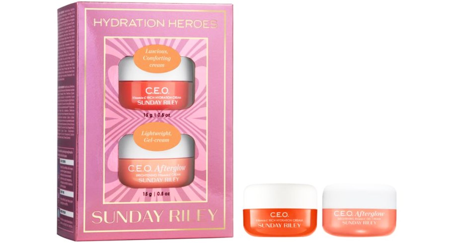 Sunday Riley Hydration Heroes gift set with two small orange jars of moisturizer