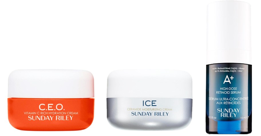three mini Sunday Riley skincare products