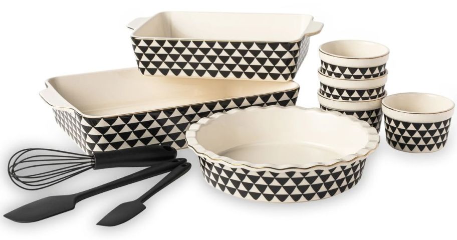 A black and White checkered oven-safe baking set with utensils 