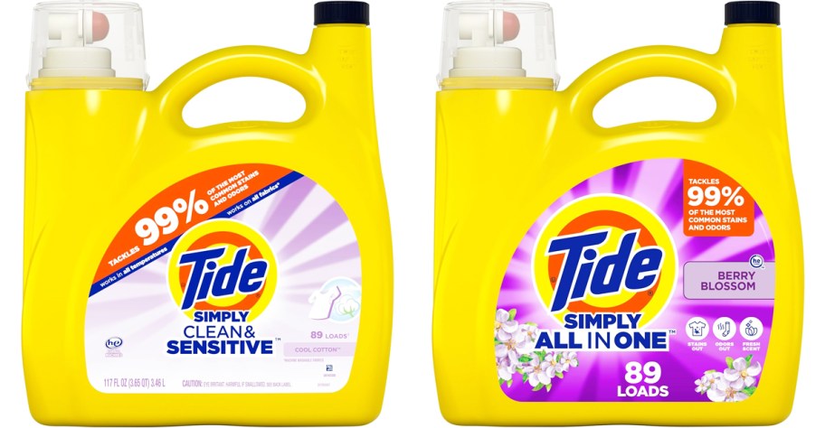 two large yellow bottles of Tide Simply Detergent