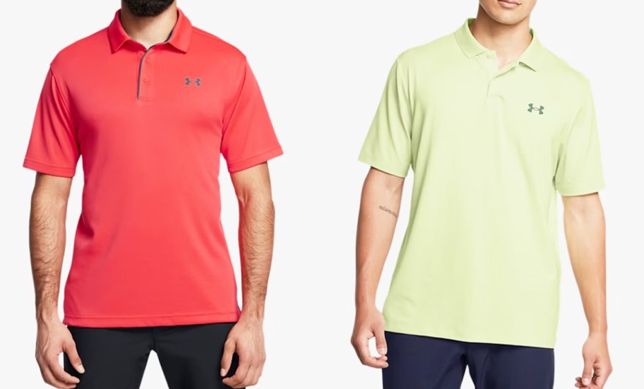 two men in red and light yellow polo shirts