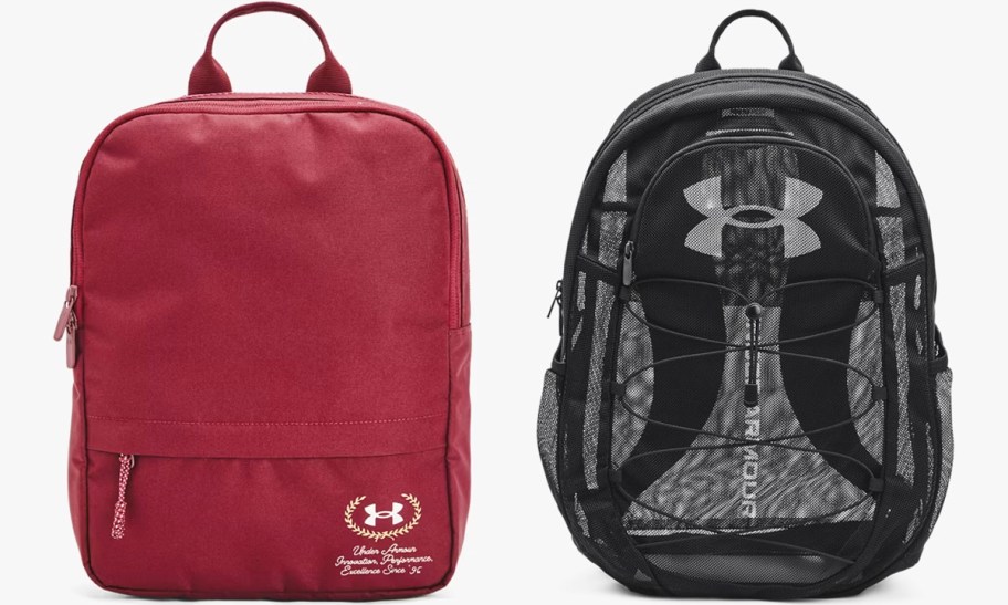 red square and black mesh backpacks