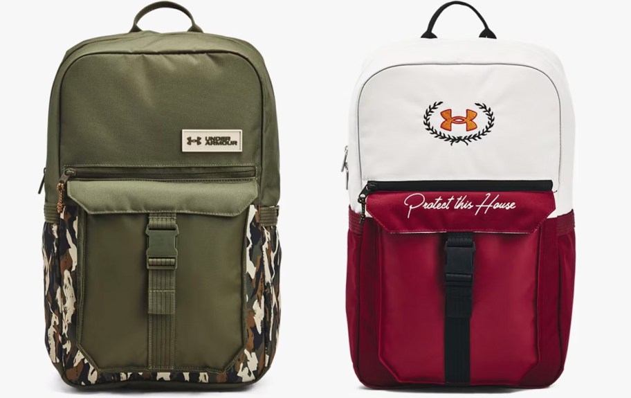 army green/camo print and white/maroon under armour backpacks