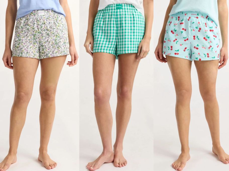Stock images of 3 women's lower bodies wearing Joyspun boxer sleep shorts